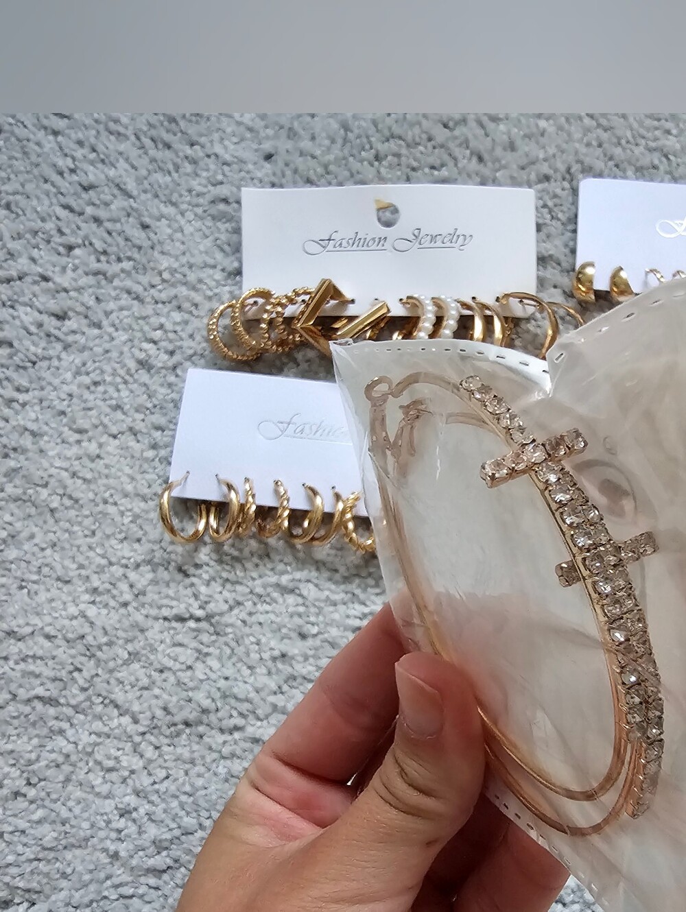 Jewelry lot bundle gold toned gold hoops earrings large small cross pearls cubic - Picture 6 of 6